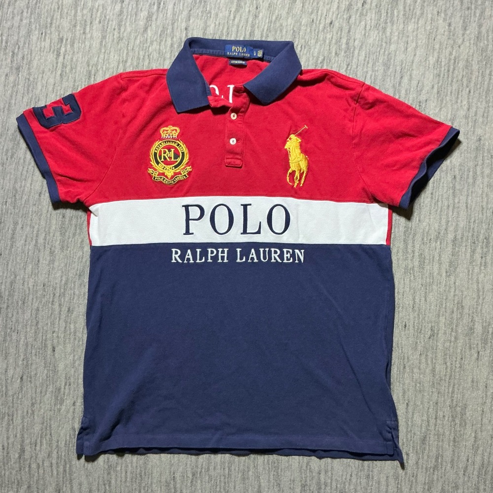 Polo Ralph Lauren Mens Custom Slim Fit Colorblock Big Pony Polo Red Blue LG